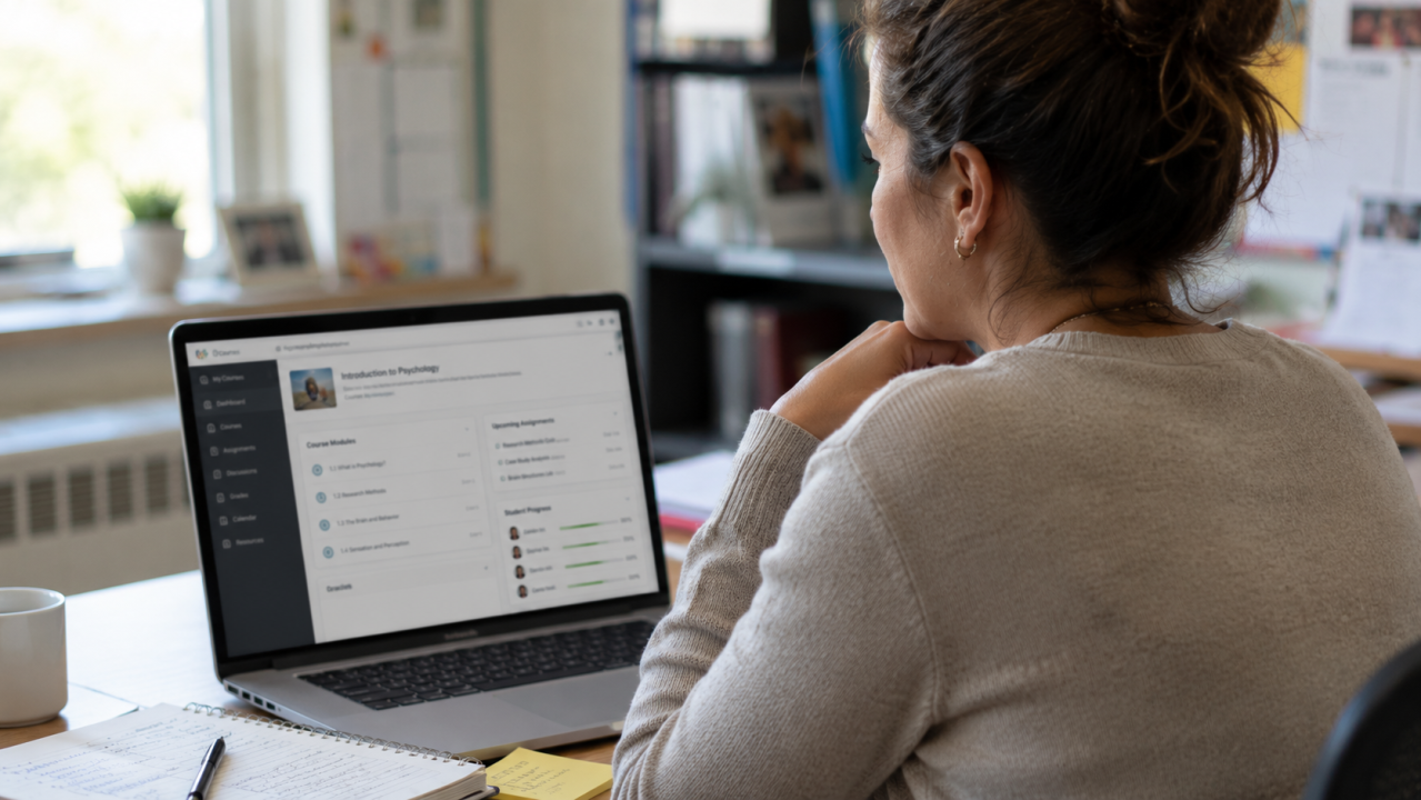 Teacher reviewing online course content on a laptop in a school office.