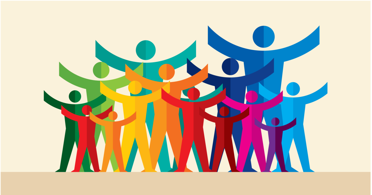 colorful figures stretching out arms in unity