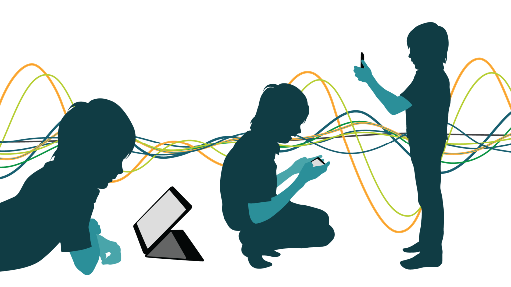 Silhouette of kids playing with technology