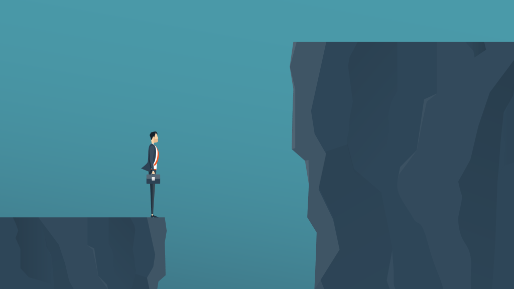 Illustration of a business man standing at the edge of a cliff