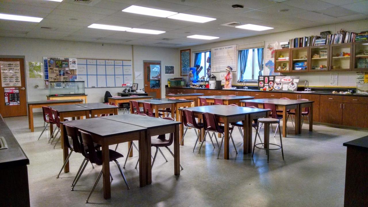 An empty classroom with six tables