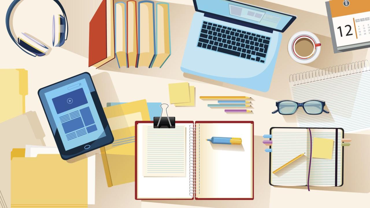 illustration of desk strewn with books and online learning devices