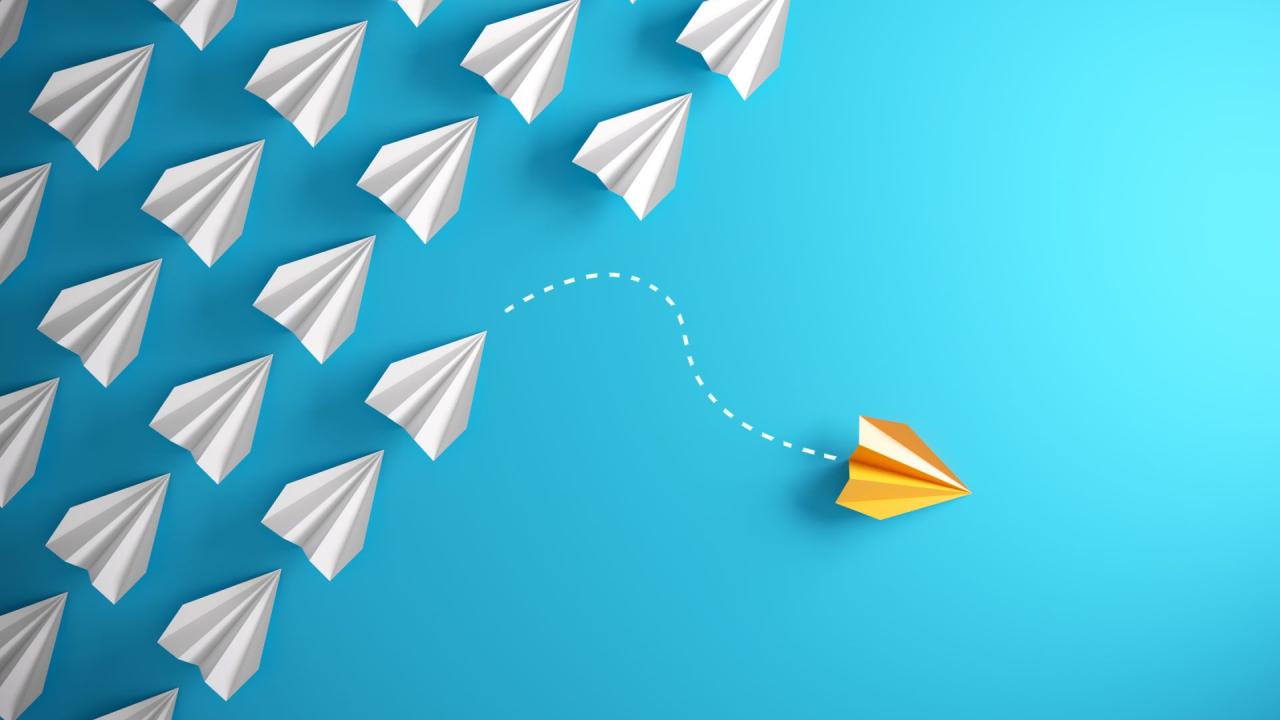 Group of paper plane in one direction and with one individual pointing in the different way, can be used leadership/individuality concepts.( 3d render )