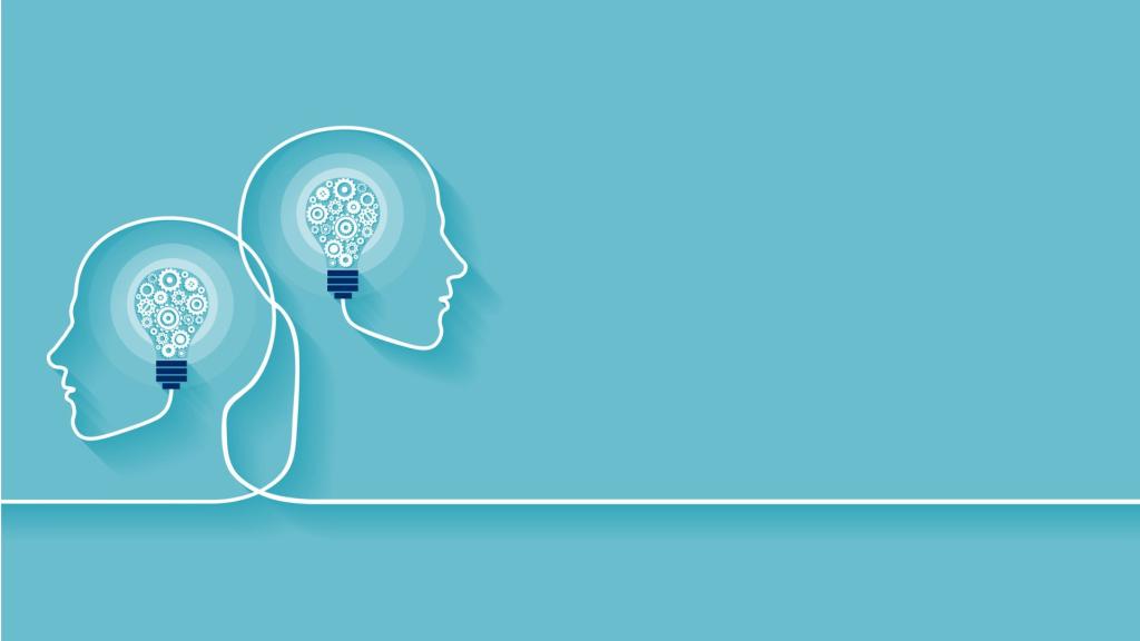 Vector of two human heads made of gears with light bulb shape inside. Innovation technology and new idea generation concept