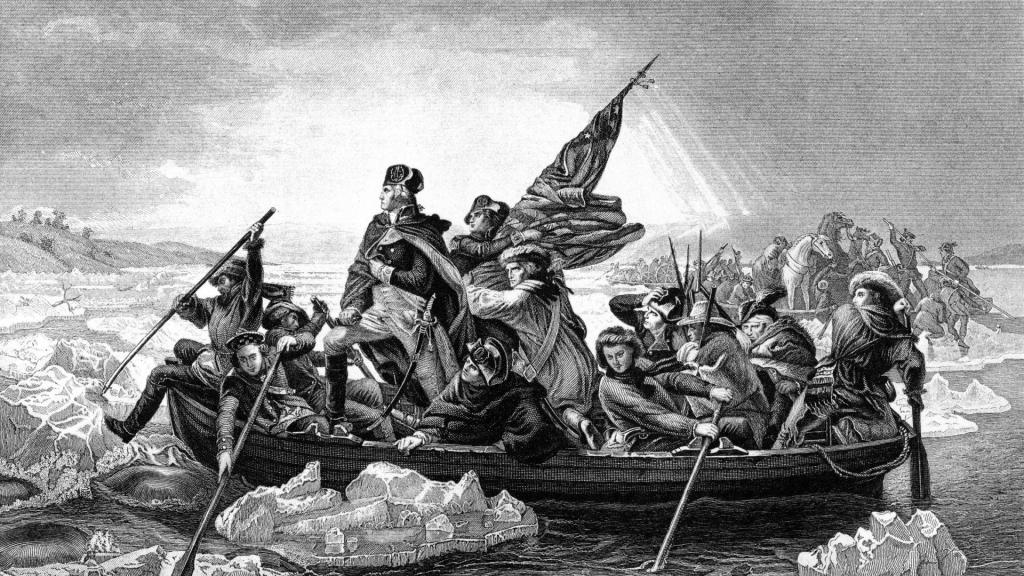 Illustration of George Washington and troops crossing the Delaware