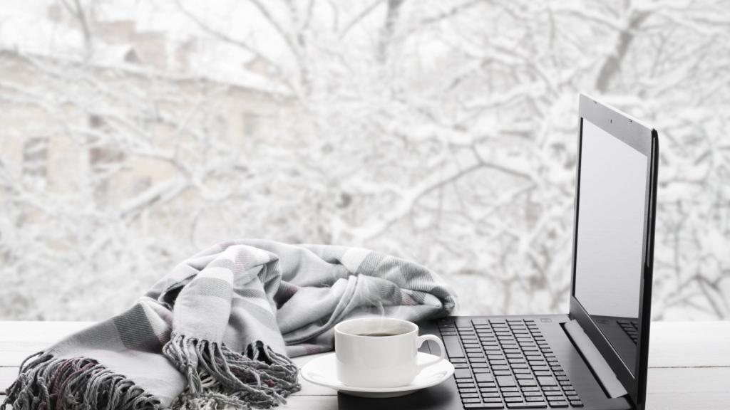 Laptop and coffee on winter window