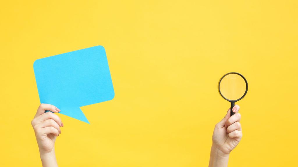 speech bubble and magnifying glass against yellow background