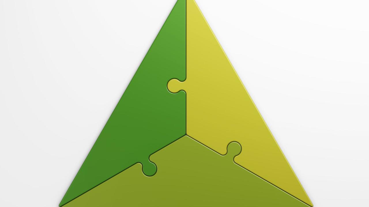 three pieces of a puzzle together forming a triangle