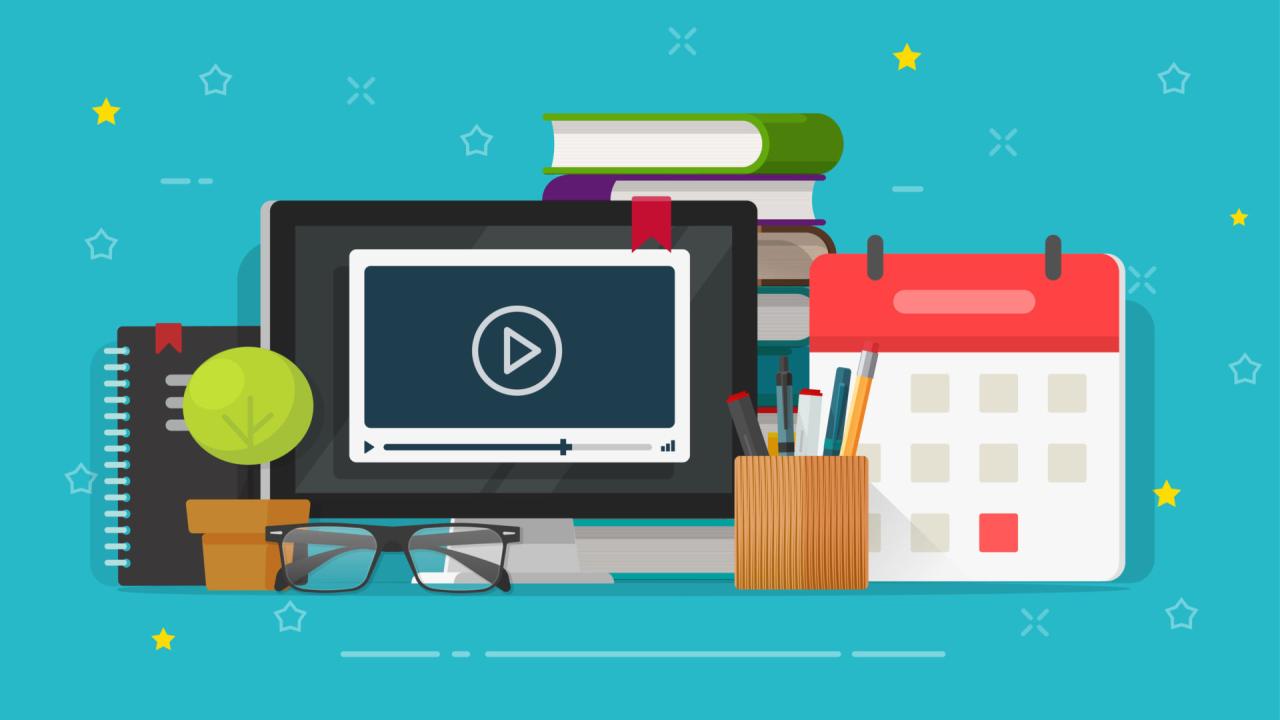 Webinar learning or video watching on computer screen vector illustration, flat cartoon working table desk and education stuff, idea of online courses or internet study, school or student workplace