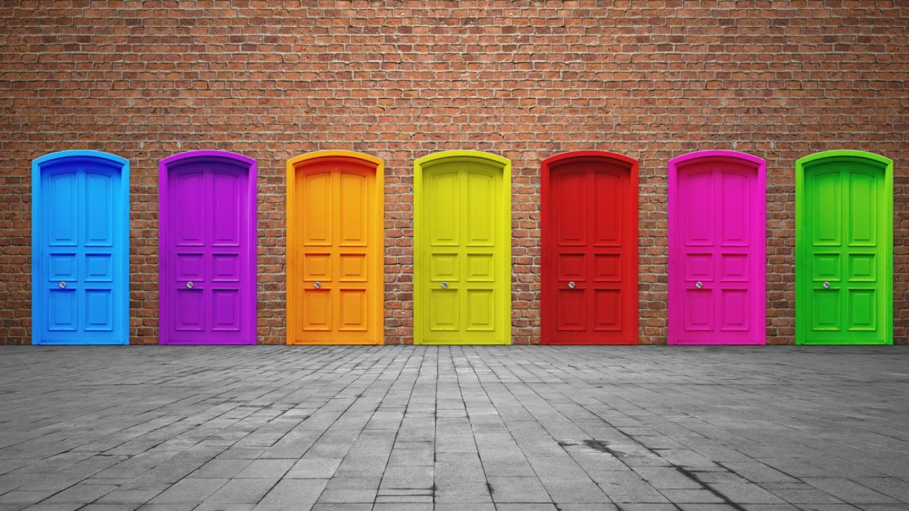 Photograph of several colorful doors