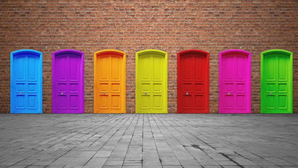 Photograph of several colorful doors