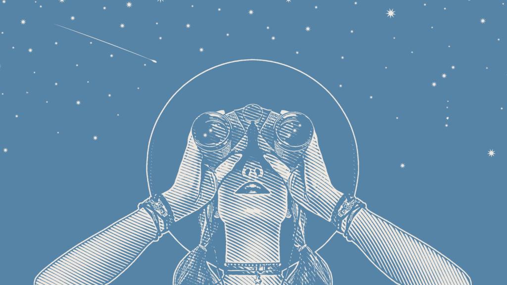 illustration of a young woman using binoculars to look at the sky