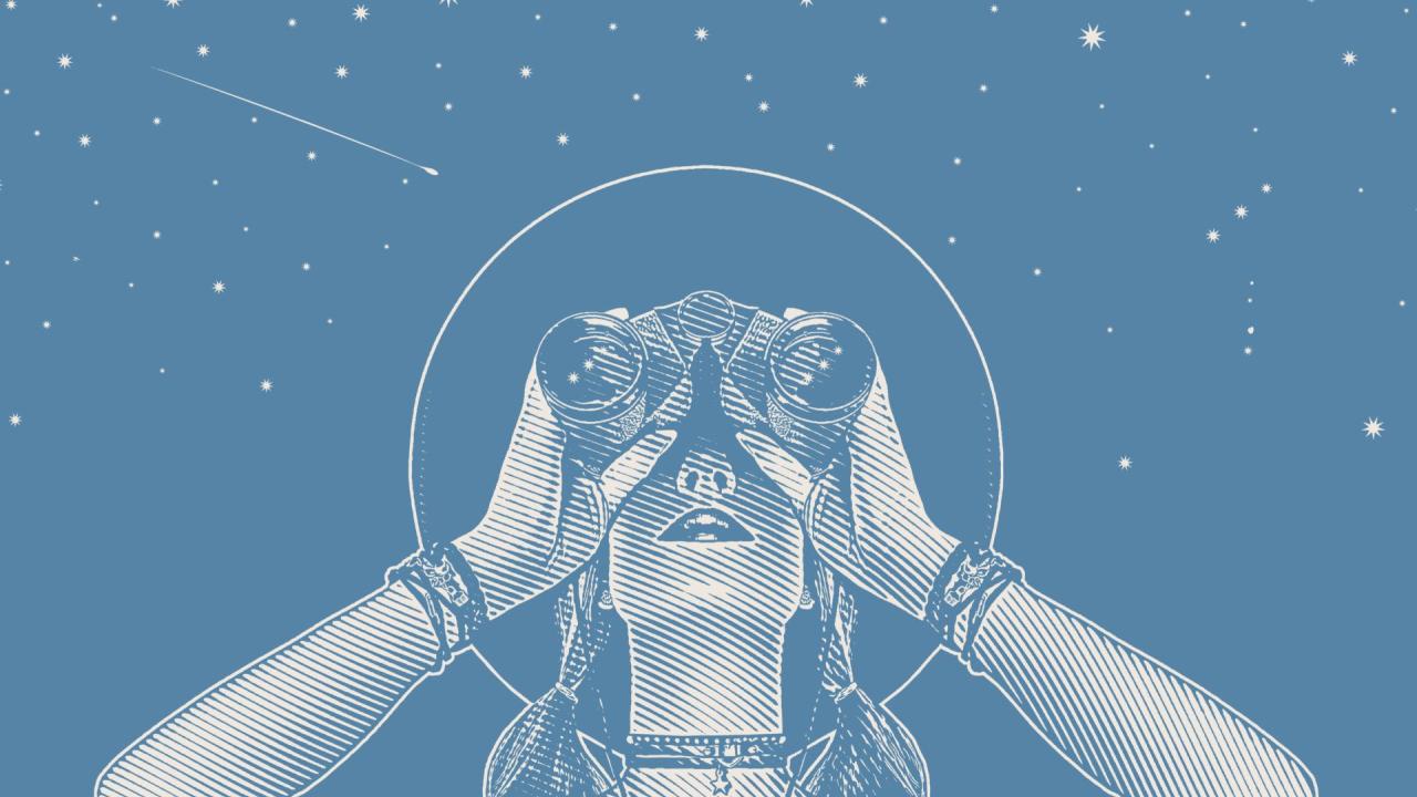 illustration of a young woman using binoculars to look at the sky