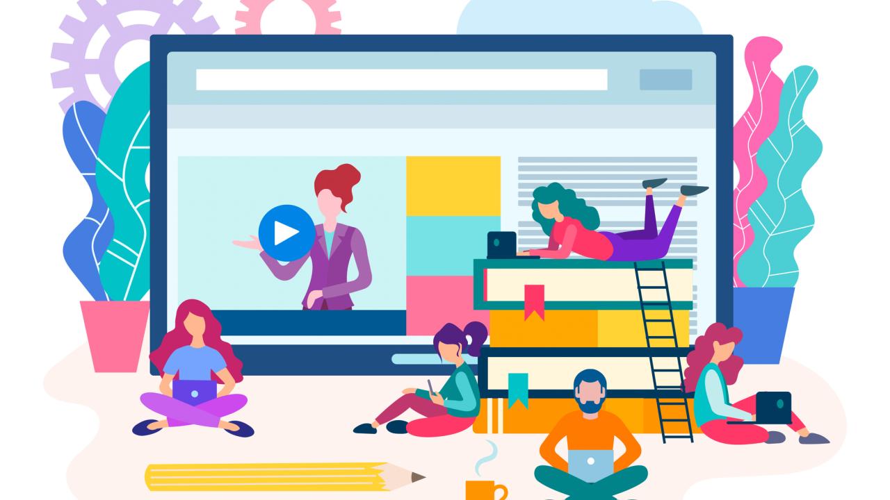 Webinar, online lesson, a group of students preparing for exams with the help of online seminars and trainings