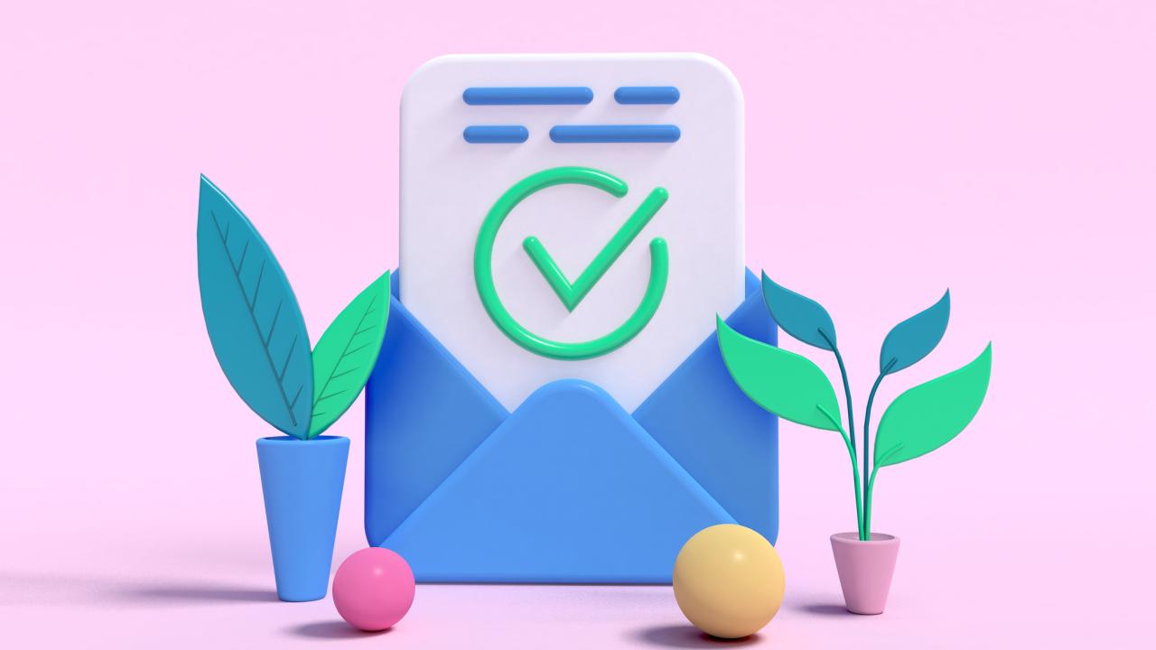 Digital illustration of a letter in an envelope marked with a green checkmark against a pink backdrop.