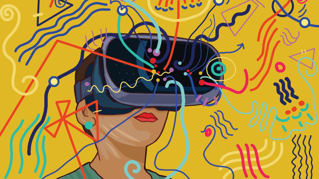 Illustration of woman wearing a virtual reality headset with colorful squiggles from it representing opportunity