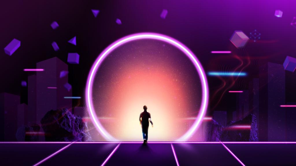 illustration of a man walking into a new world surrounded by purple cyber imagery