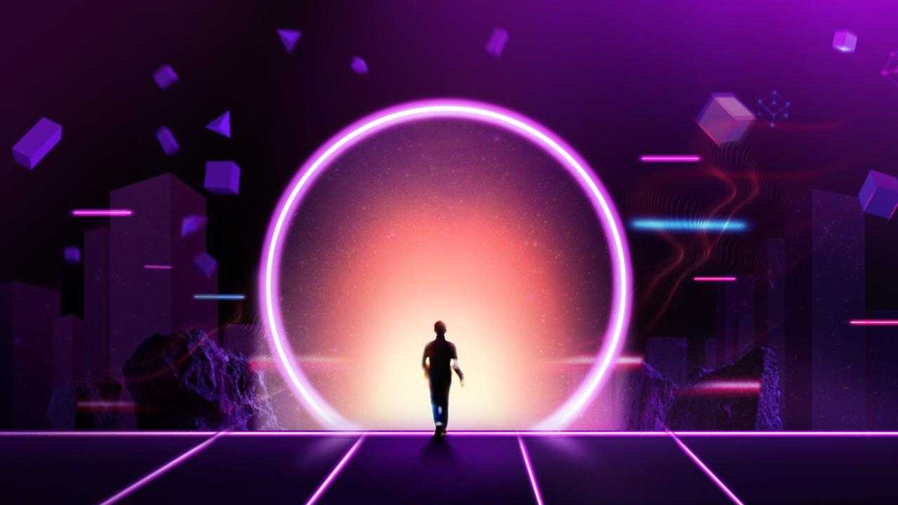 illustration of a man walking into a new world surrounded by purple cyber imagery