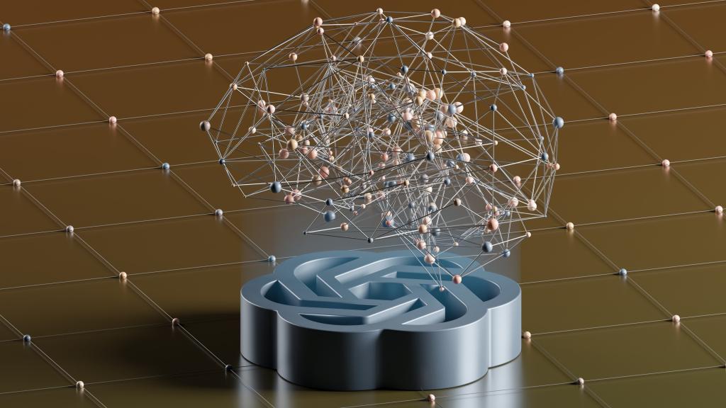 A computer-generated image of the ChatGPT logo with a 3D render of a human brain floating above it