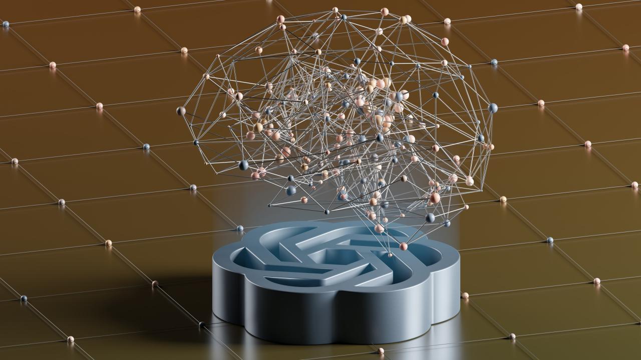A computer-generated image of the ChatGPT logo with a 3D render of a human brain floating above it