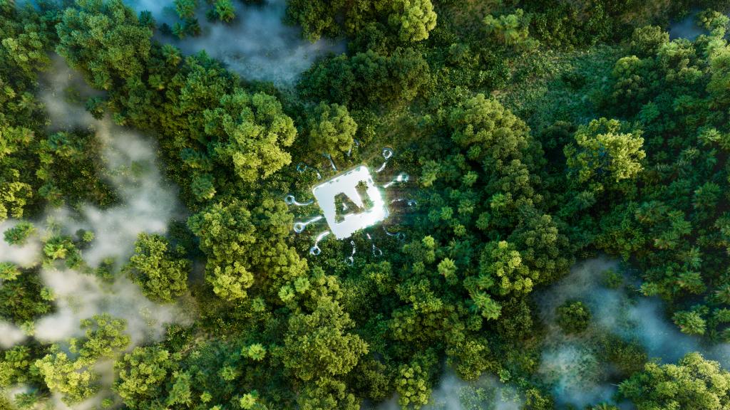 Aerial view of a forest with mist, centering on a glowing 'AI' platform, symbolizing the ecological implications of advancing artificial intelligence.