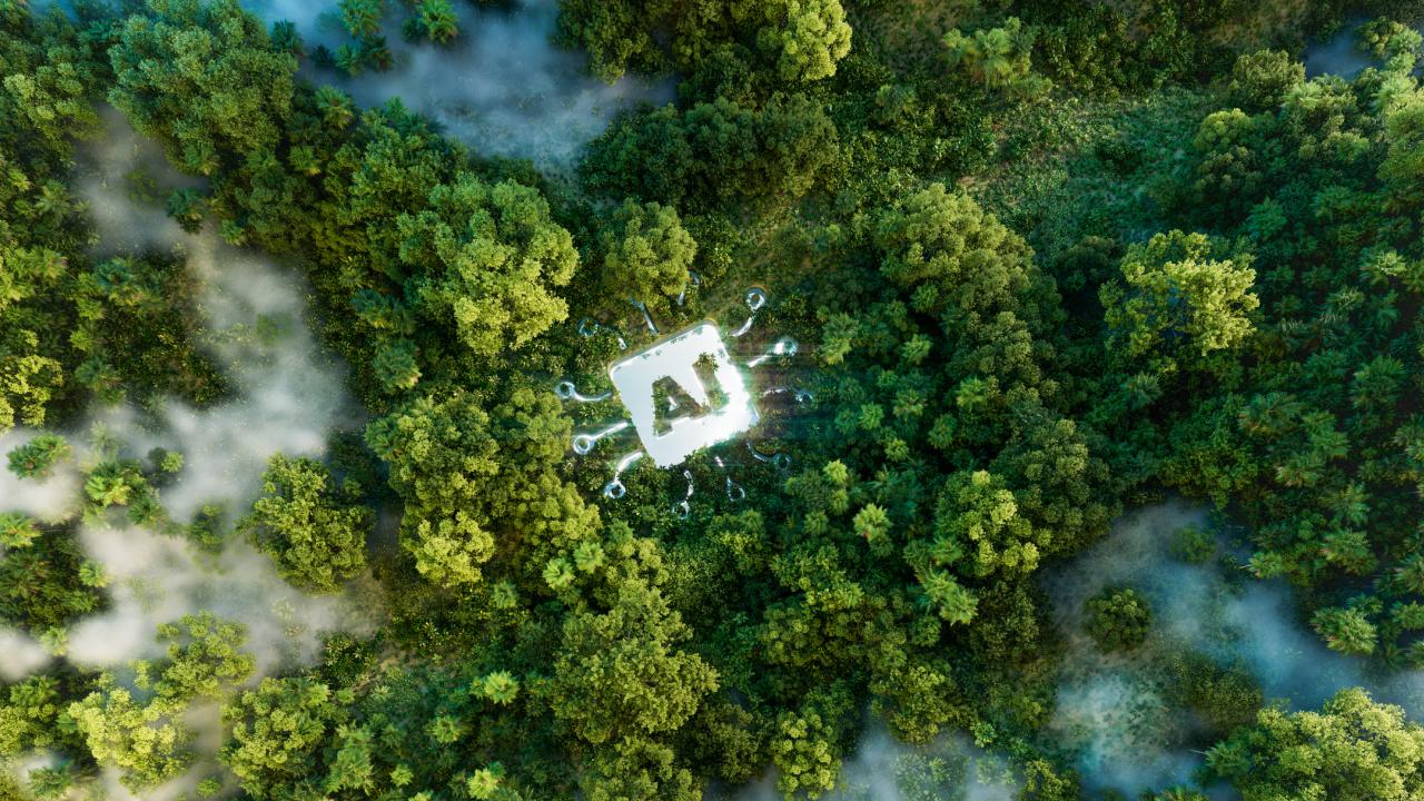 Aerial view of a forest with mist, centering on a glowing 'AI' platform, symbolizing the ecological implications of advancing artificial intelligence.