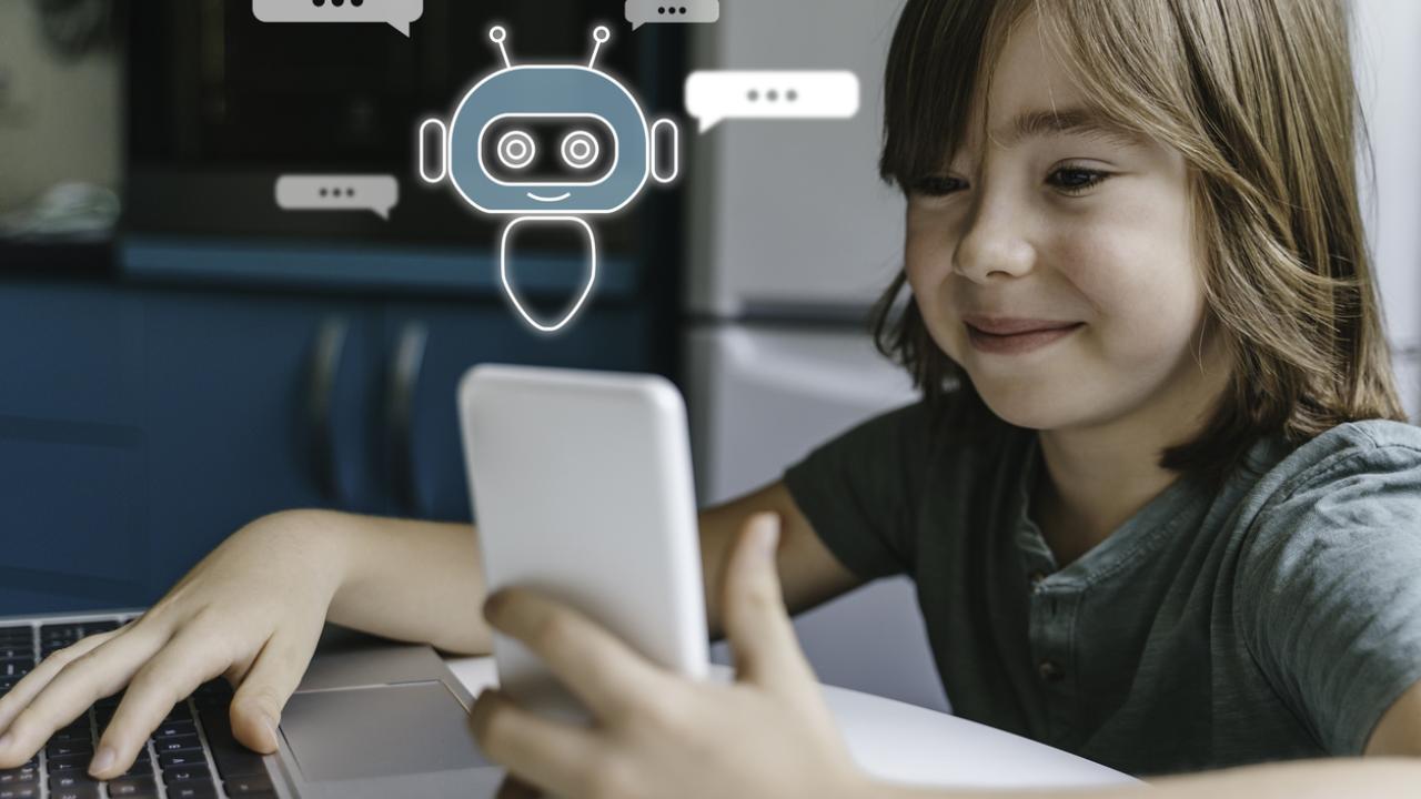 Child using system AI Chatbot in computer or mobile application. Chatbot conversation, Ai Artificial Intelligence technology. OpenAI generate. Futuristic technology. Virtual assistant on internet.