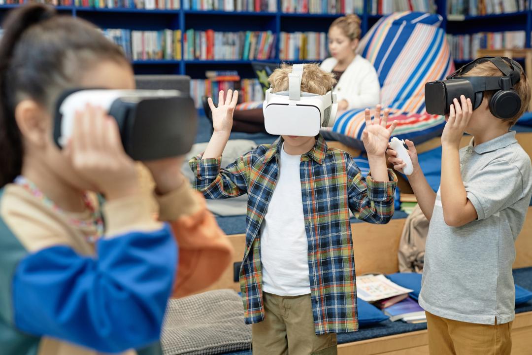 Kids Wearing VR Headsets in Library