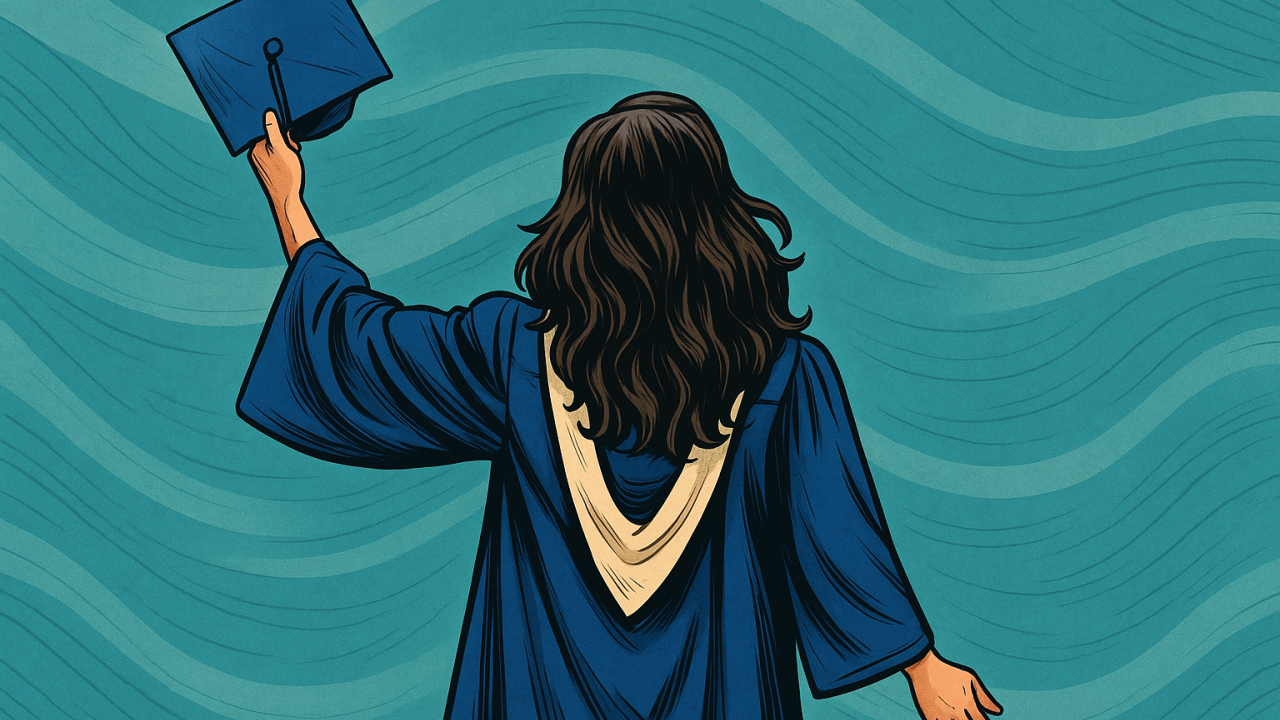 Illustration in comic book style of a young female graduate seen from behind, standing confidently with her right arm raised, holding a blue graduation cap. She wears a royal blue graduation gown with a cream stole, and her long brown hair flows down her back. The background features abstract teal brushstrokes, adding movement and energy to the image.