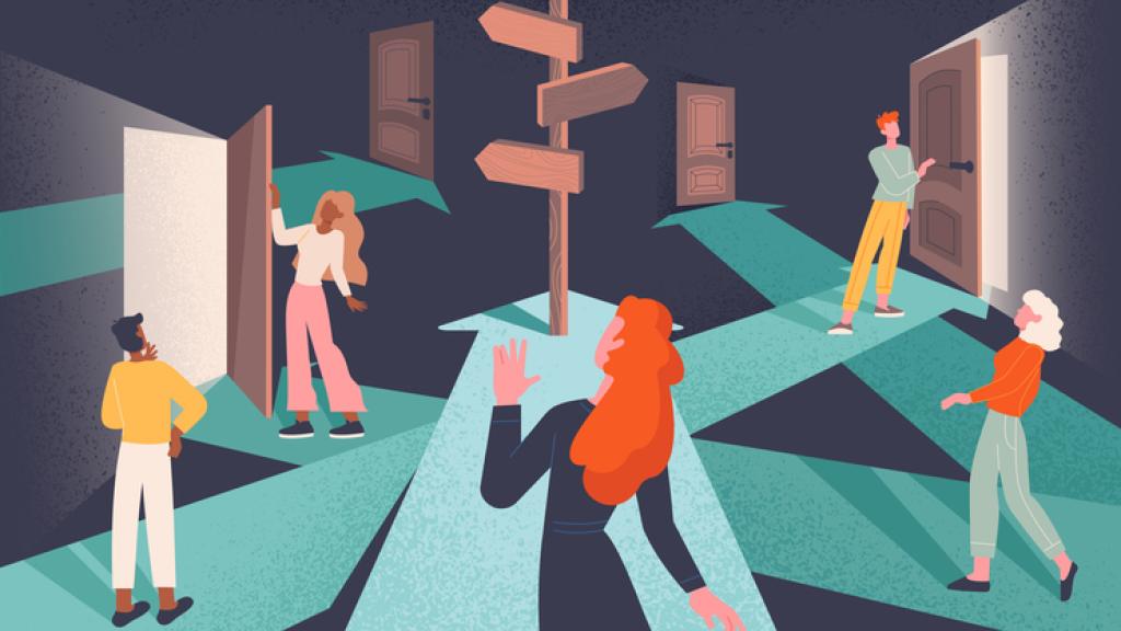 Psychological concept of choices and Finding or Choosing the right life path with group of diverse people following intersecting paths to doors with central signpost on arrow, flat vector illustration
