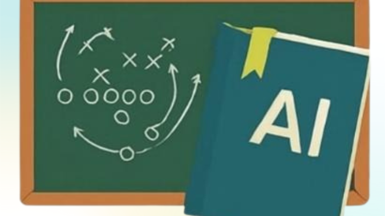 Illustration of a chalkboard with play-style X-and-O diagrams next to a book labeled “AI,” suggesting strategy and artificial intelligence learning.