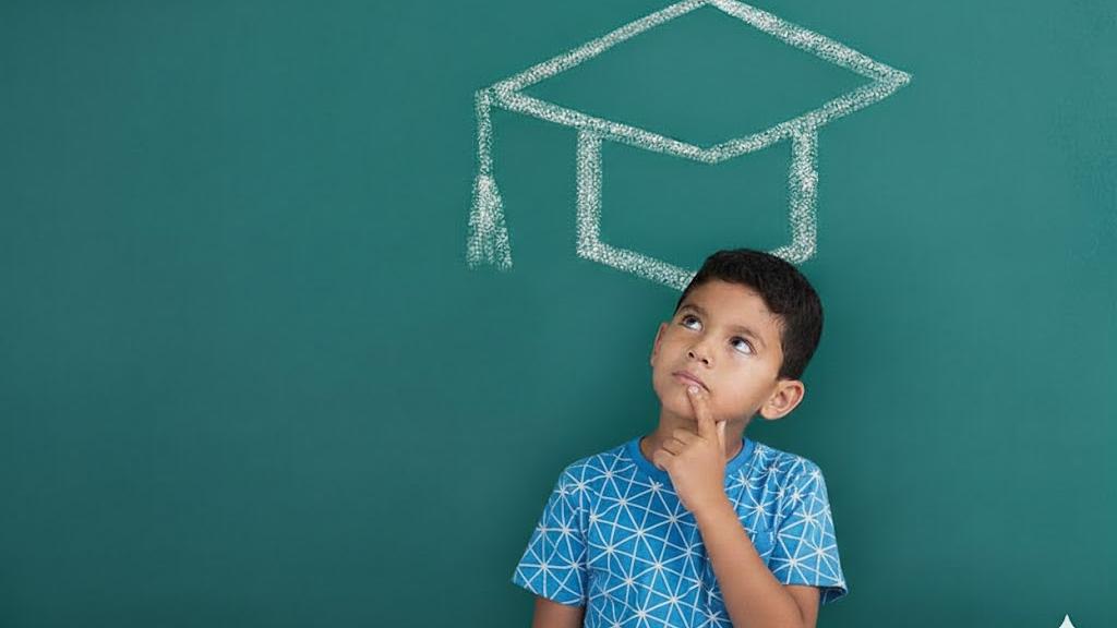 Young child looks up thoughtfully at a chalk drawing of a graduation cap above their head on a green chalkboard background.