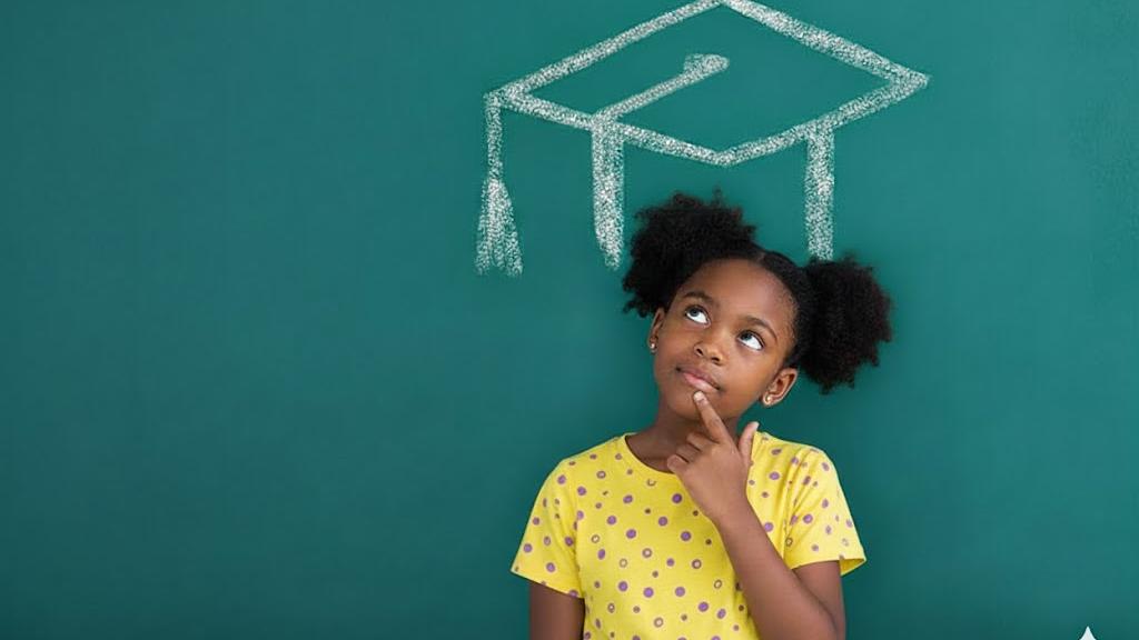 Young child looks up thoughtfully at a chalk drawing of a graduation cap above their head on a green chalkboard background.