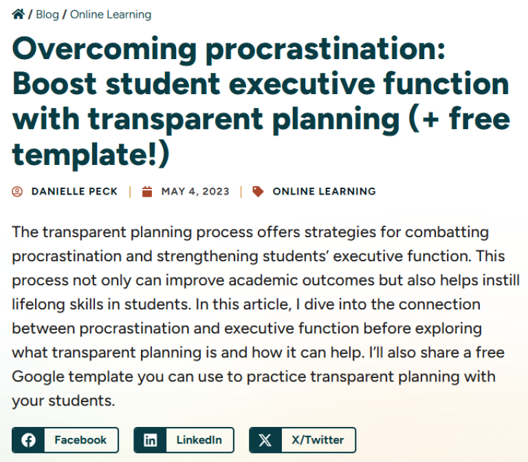 Screenshot of Executive Function Blog