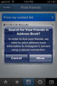 Screenshot of Instagram asking for permissions