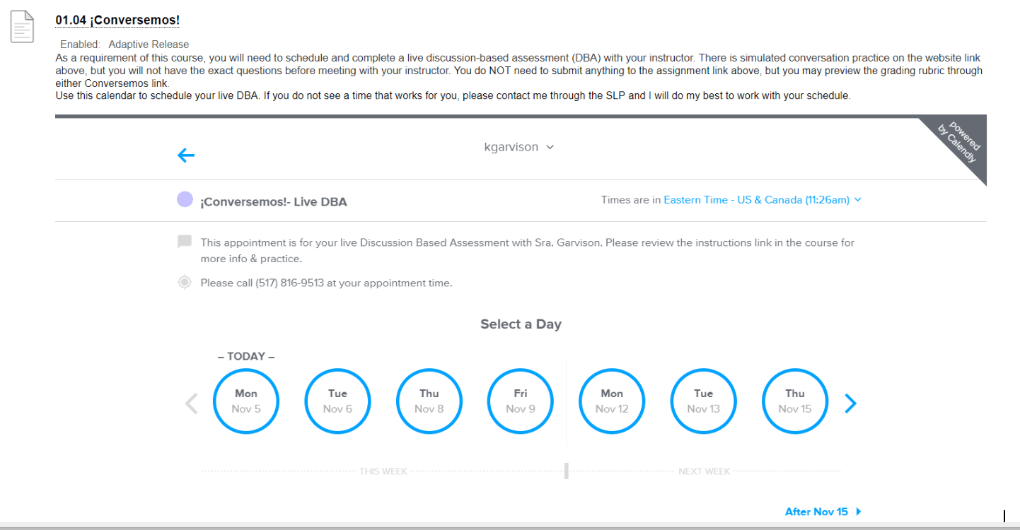 Screenshot of Calendly embedded in online class