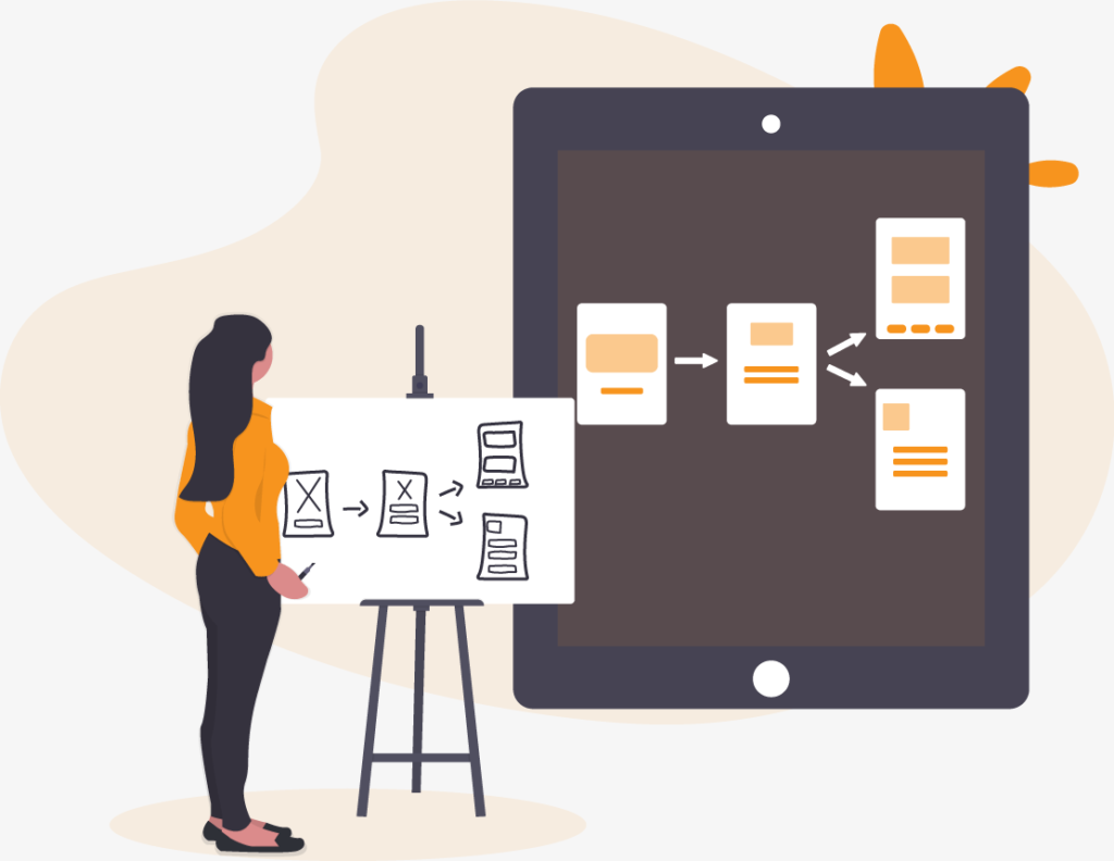 illustration of a woman standing before a process map