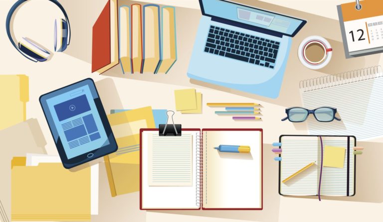 illustration of desk strewn with books and online learning devices