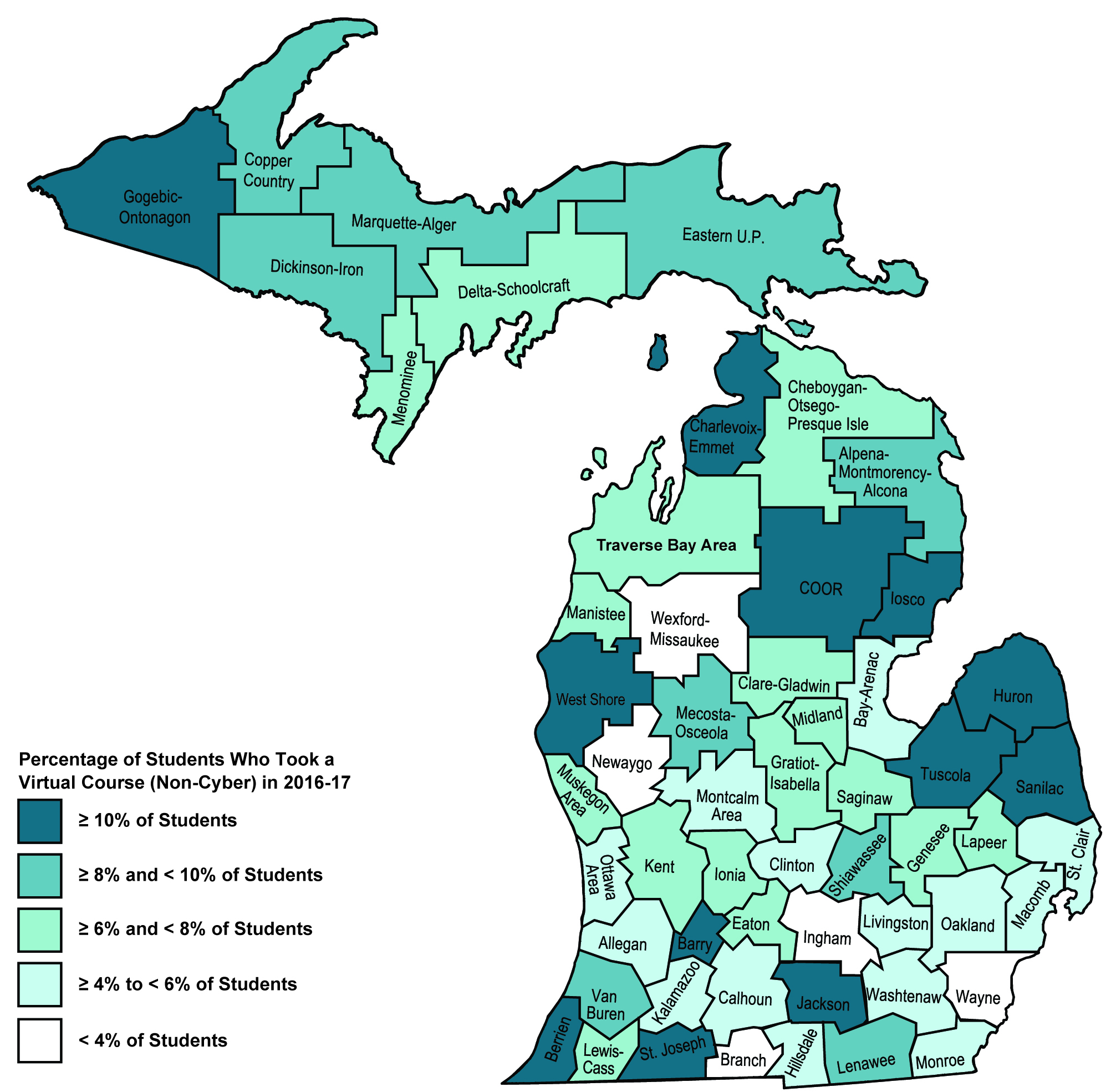 Map shows Michigan ISDs colored by the percentage of virtual courses. All but five counties have some color of blue meaning they have at least 4% of more of their students taking a virtual course (non-cyber) in 2016-17. In contrast, 12 ISDs had more than 10%; those ISDs were listed in the preceding paragraph.