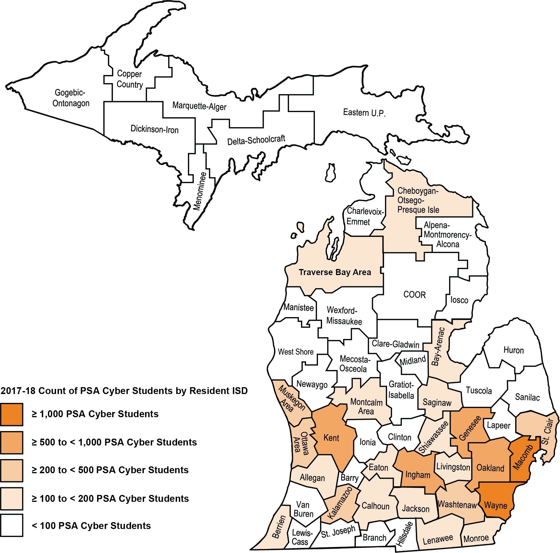 Map shows Michigan ISDs colored by the percentage of PSA cyber students by resident ISD. The majority of counties are white meaning they have less than 100 PSA cyber students in 2017-18. Counties with the highest percentage cluster around the Wayne, Macomb, Ingham, and Kent counties.