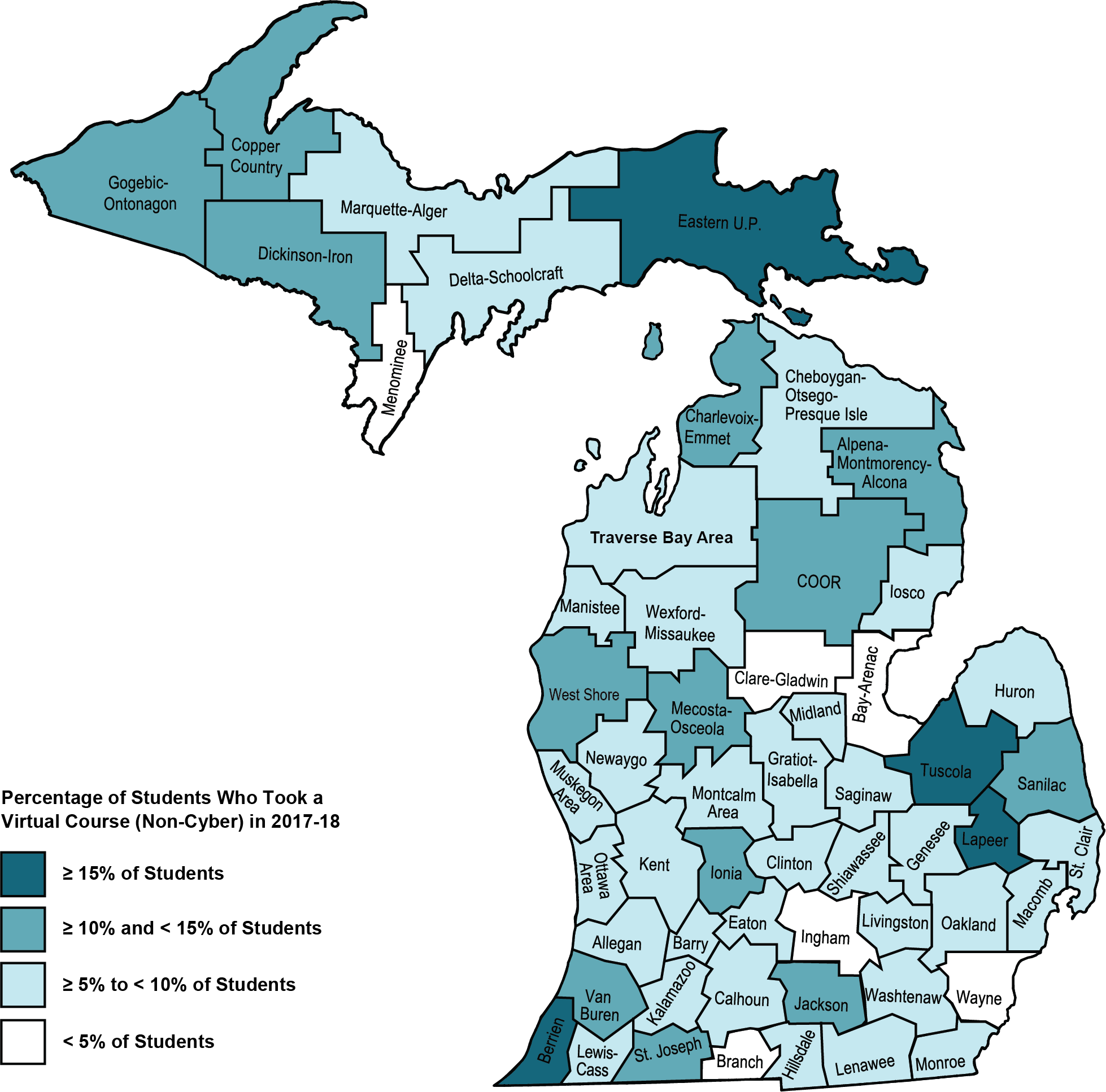 Map shows Michigan ISDs colored by the percentage of virtual courses. All but six counties have some color of blue meaning they have at least 5% of more of their students taking a virtual course (non-cyber) in 2017-18. In contrast, 17 ISDs had more than 10%; see the preceding paragraph for more detail.