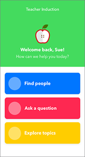 Welcome screen of the app with three options for user: Find People, Ask a Question, Explore Topics.