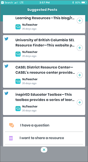 A screen showing suggested posts with titles, the social media platform from which they were shared, and options to ask a question or share a resource.