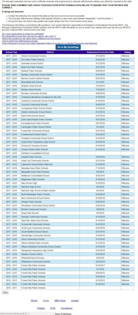 Screenshot detailing rows of teacher effectiveness scores in the Michigan Online Educator System. 