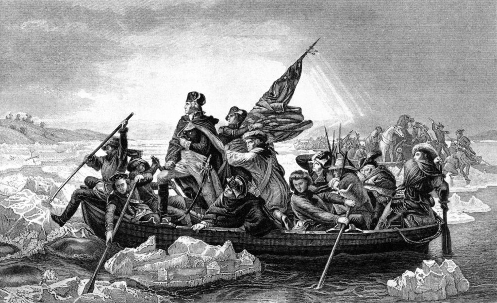 Illustration of George Washington and troops crossing the Delaware