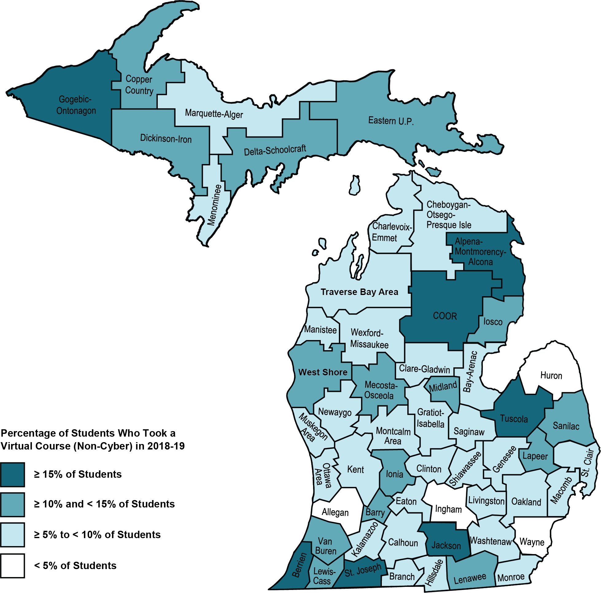 Map shows Michigan ISDs colored by the percentage of students who took at least one virtual courses. All but four ISDs have some color of blue meaning they have at least 5% of more of their students taking a virtual course (non-cyber) in 2018-19. In contrast, 22 ISDs had 10% or more of its students with virtual enrollments; see the preceding paragraph for more detail.
