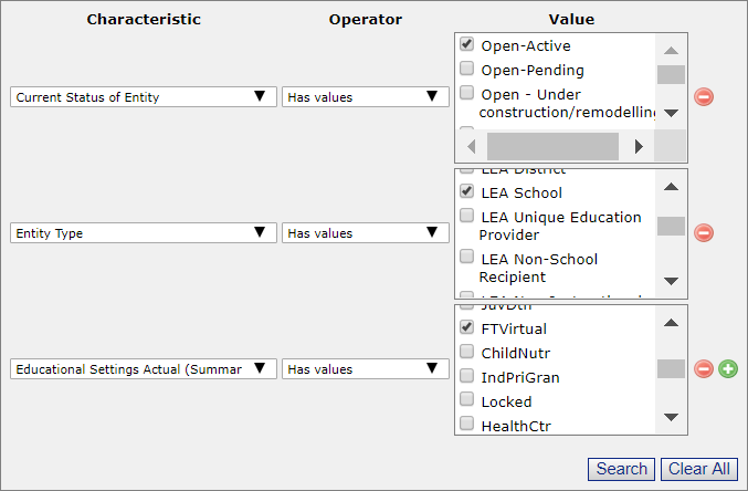 Image shows the Current Status of Entity set to Open-Active. The Entity Type Filter is set to LEA School and the Educational Settings Actual (Summary) filter is set to FTVirtual.