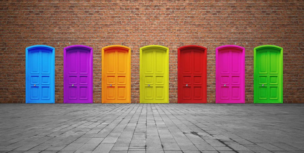 Photograph of several colorful doors