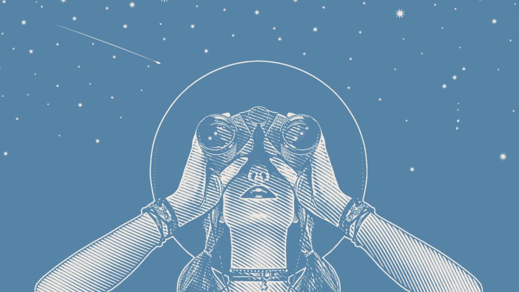 illustration of a young woman using binoculars to look at the sky