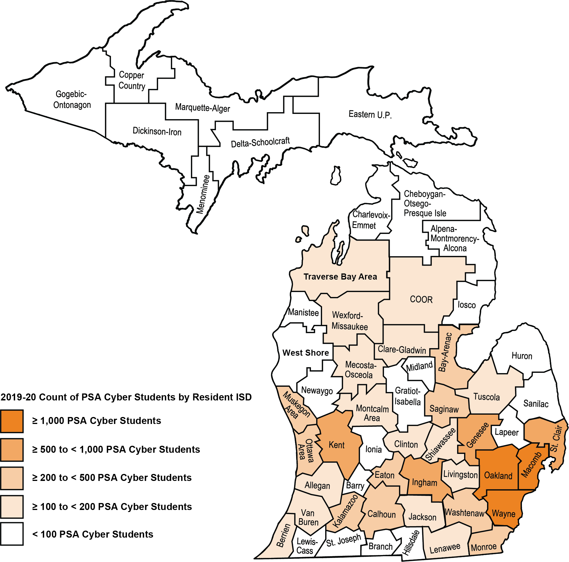 Map shows Michigan ISDs colored by the percentage of PSA cyber students by resident ISD. The majority of counties are white meaning they have less than 100 PSA cyber students in 2019-20. Counties with the highest percentage cluster around the Wayne, Oakland, Macomb, Ingham, and Kent counties.